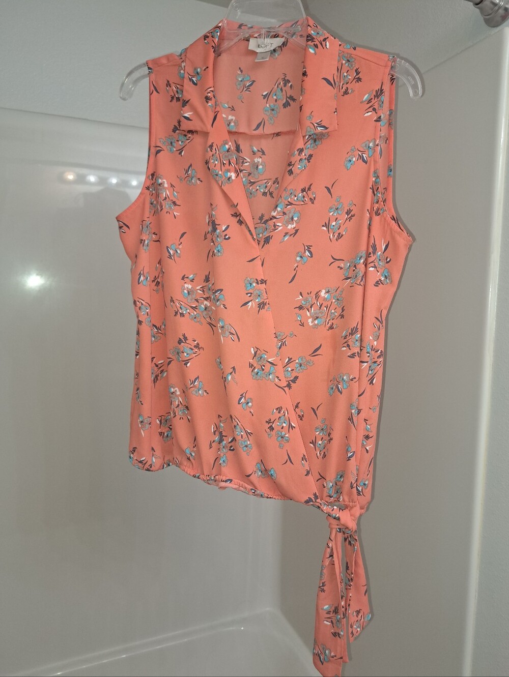 LOFT Coral Floral Tie-Side Sleeveless Blouse